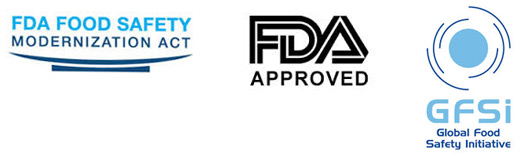 Regulatory Logos: FDA Food Safety Modernization Act, FDA Approved, Global Food Safety Initiative
